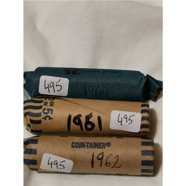 Full rolls of 5 cent coins, 1961, 62, 64