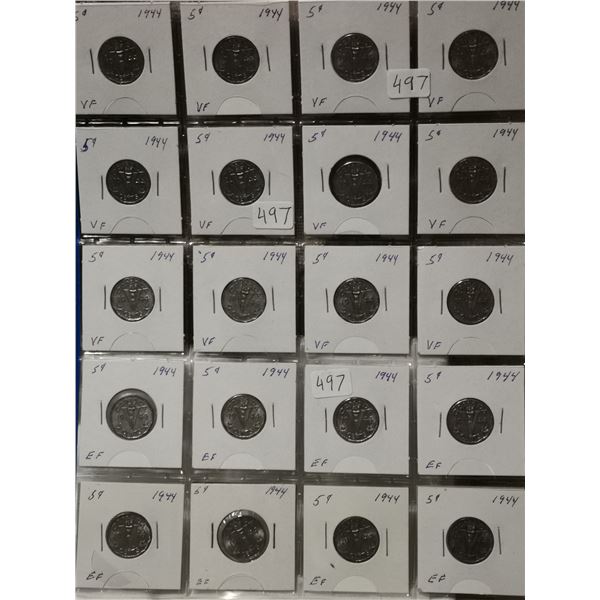 Full sheet of 1944 5 cent coins, nice grades