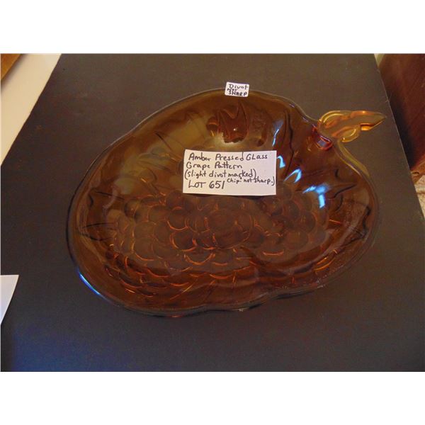 651 AMBER GRAPE PATTERNED DISH 13” LONGEST SIDE SMALL CHIP NOTED
