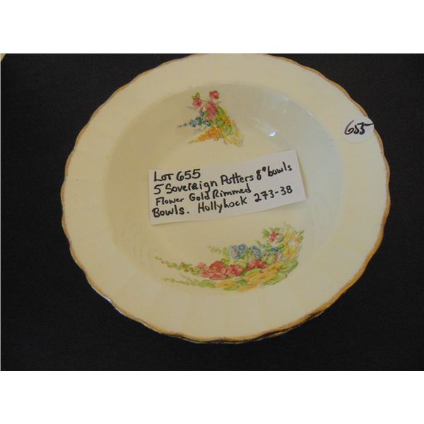 655 FIVE SOVEREIGN POTTERS HOLLYHOCK PATTERN 8” BOWLS