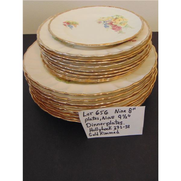 656 9 SOVEREIGN POTTERS HOLLYHOCK PATTERN 8” PLATES, & 9 ½” PLATES