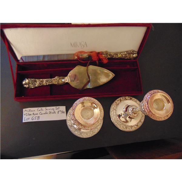 658 MIKASA CAKE SERVING SET & 8” SILVERTONE CANDLESTICKS