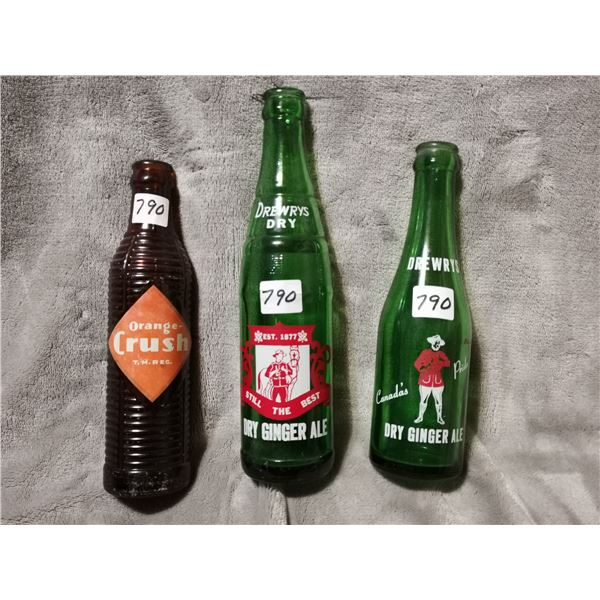 3 pop bottles incuding brown Crush