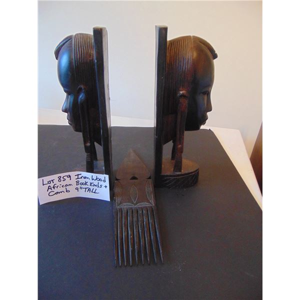 859 IRON WOOD AFRICAN 9” TALL BOOK ENDS AND COMB