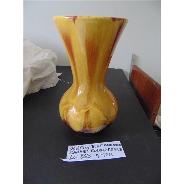863 9” Carmel coloured red clay blue mountain pottery vase
