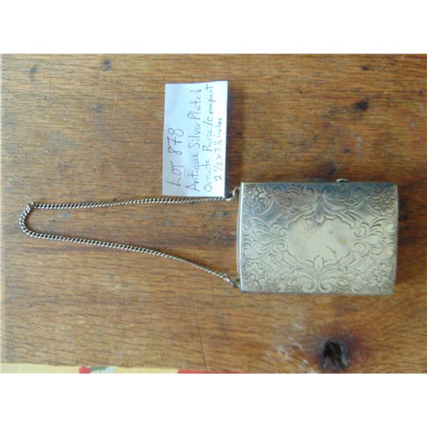 878 ANTIQUE SILVER PLATE ORNATE PURSE/ COMPACT 2 ½” X3 ½”