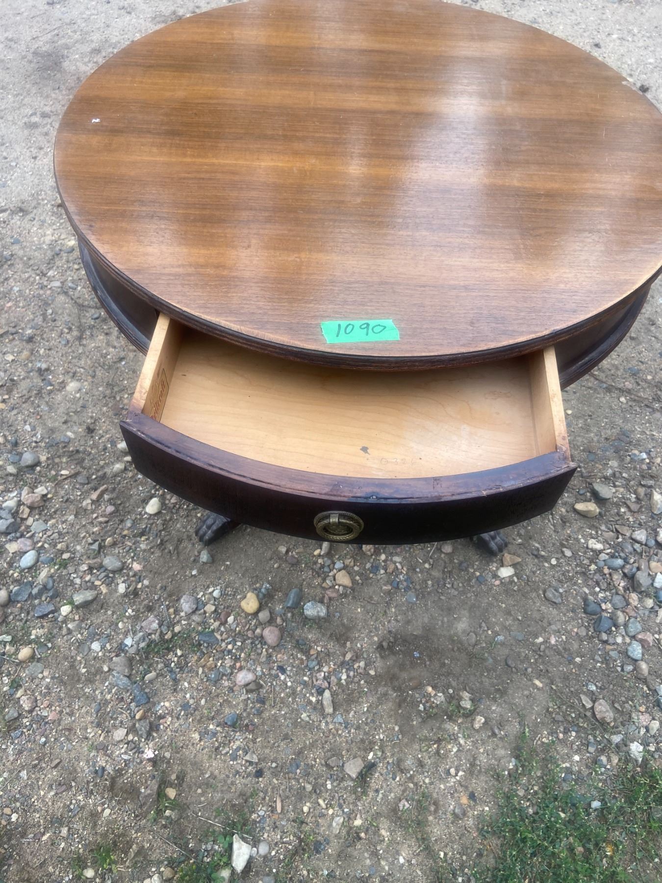 Round Duncan Phyfe end table with drawer 26" across, 22" high