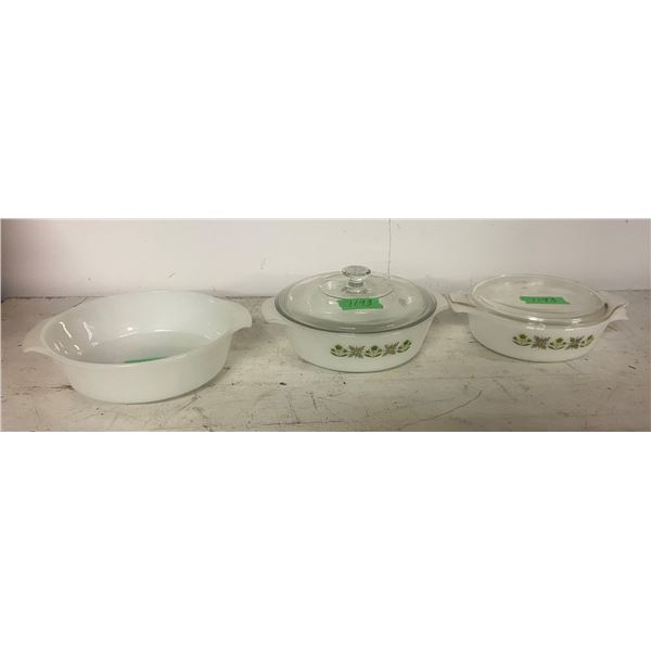 3 fire king bowls with two lids fireking 2x 9" 1x 8"