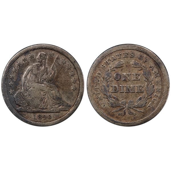 1840 Seated Liberty Dimes No Drapery PCGS F-12 From The S.S. Central America With Gold Pinch