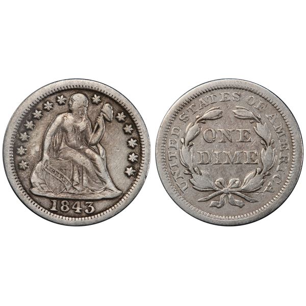 1843 Seated Liberty Dime PCGS VF-20 From The S.S. Central America With Gold Pinch