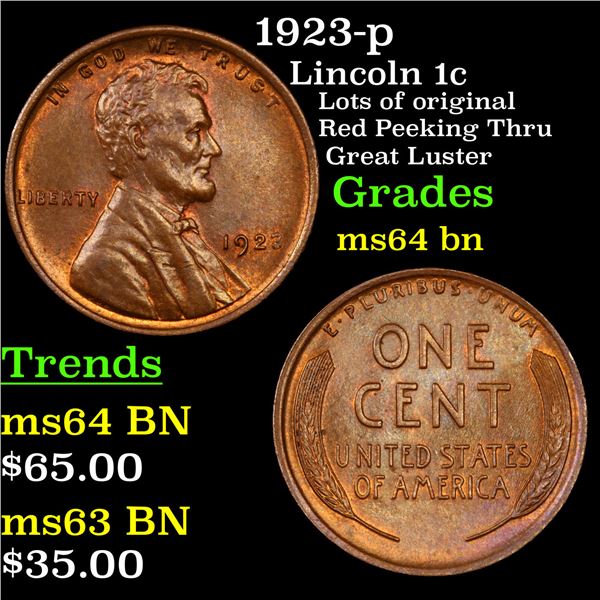 1923-p Lincoln Cent 1c Grades Choice Unc BN