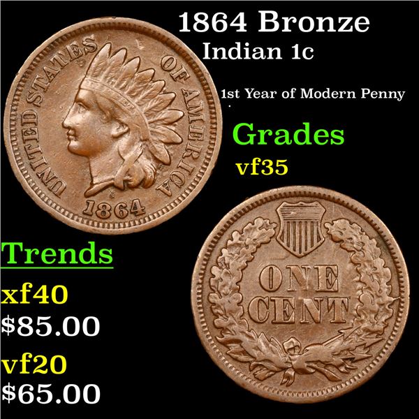 1864 Bronze Indian Cent 1c Grades vf++