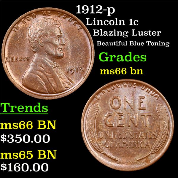 1912-p Lincoln Cent 1c Grades GEM+ Unc BN