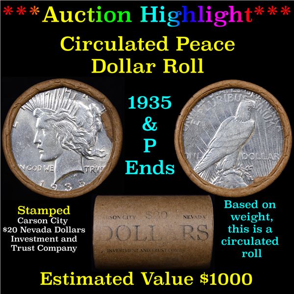 ***Auction Highlight*** Full solid Circulated Peace silver dollar roll, 20 coin 1935 & 'P' Ends (fc