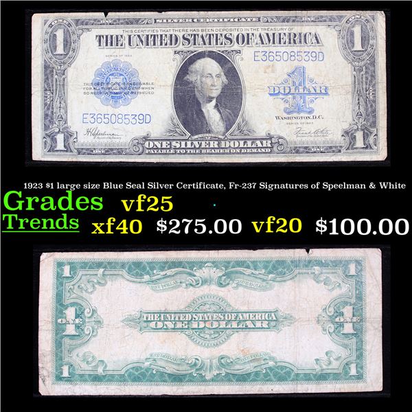 1923 $1 large size Blue Seal Silver Certificate, Fr-237 Signatures of Speelman & White Grades vf+