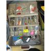 Image 1 : WOOD TACKLE BOX & CONTENTS, 1 HINGE INSIDE IS BROKEN