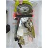 Image 2 : 2 PLASTIC BINS WITH ASST. ITEMS, KNIFE, REELS, ETC.