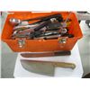Image 2 : ORANGE BOX WITH ASST. KITCHEN UTENSILS, KNIVES, ETC. & A BIN OF POTS & PANS