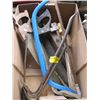 Image 1 : BOX OF ASSORTED SAWS, CROWBARS ETC
