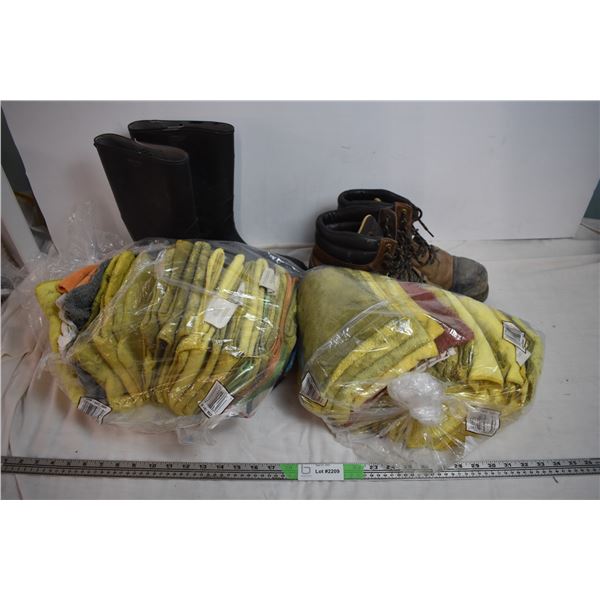 Rubber boots, work boots, lot of shop rags