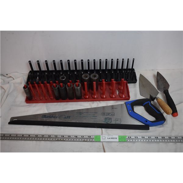 Hand saw, trowels, socket + socket holders