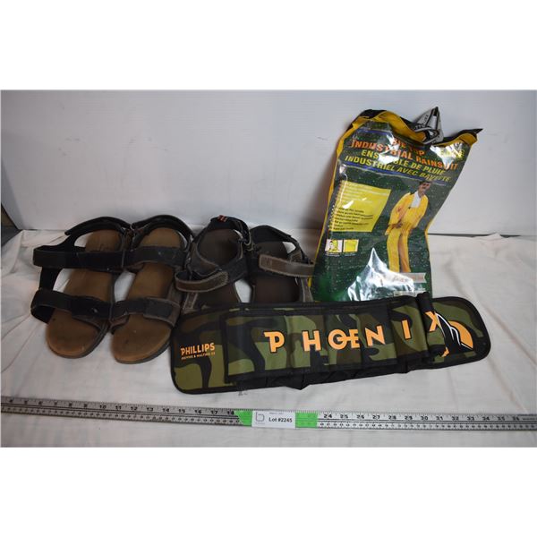 Sandals (size 9+10) + Rainjacket (XXL) + Phoenix Beer Belt
