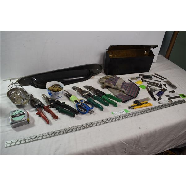 Tin snips, mailbox, gloves, misc