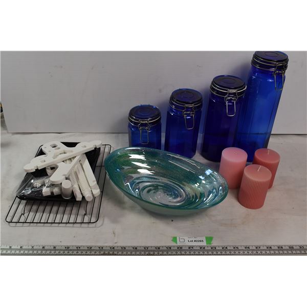 Blue storage jars, meat tenderizer, 3 nadles & sparkle bowl