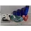Image 1 : Blue storage jars, meat tenderizer, 3 nadles & sparkle bowl