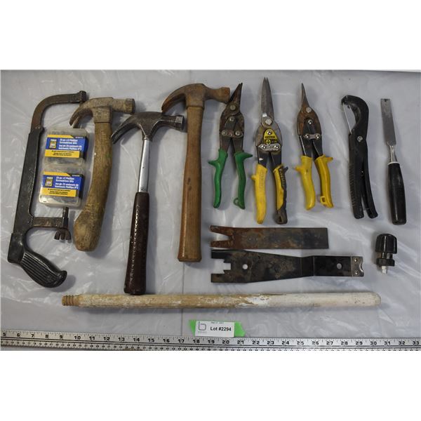 Assorted box of hammers, tins snips & misc.
