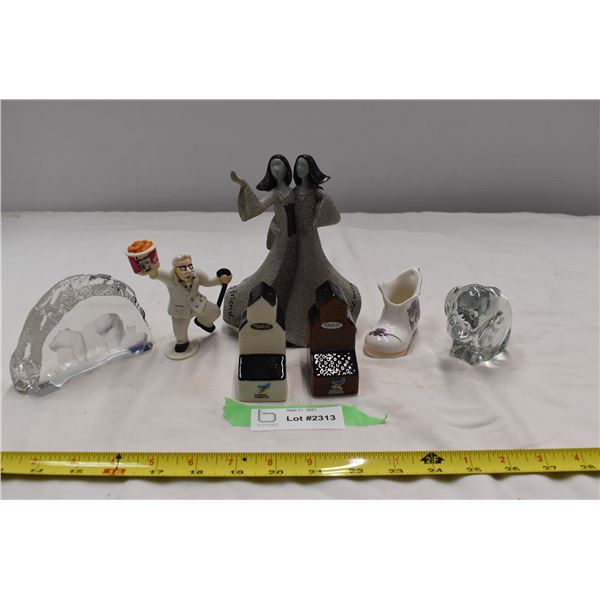 Grain elevator shakers, stone figure, glass ornament, Col. Sanders KFC Figure