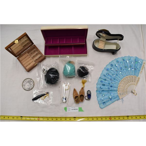 Jewellery boxes, wooden shoes, personal fan, misc. items