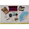 Image 1 : Jewellery boxes, wooden shoes, personal fan, misc. items