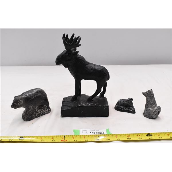 Metal moose bookend, 3 soapstone animals.