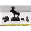 Image 1 : Metal moose bookend, 3 soapstone animals.