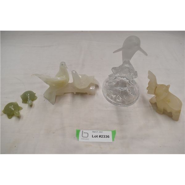 3 Carved marble ornaments, 1 glass dolphin ornament