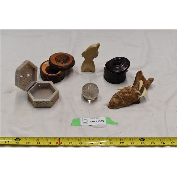 3 small trinket containers, 1 glass ball & 2 carvings