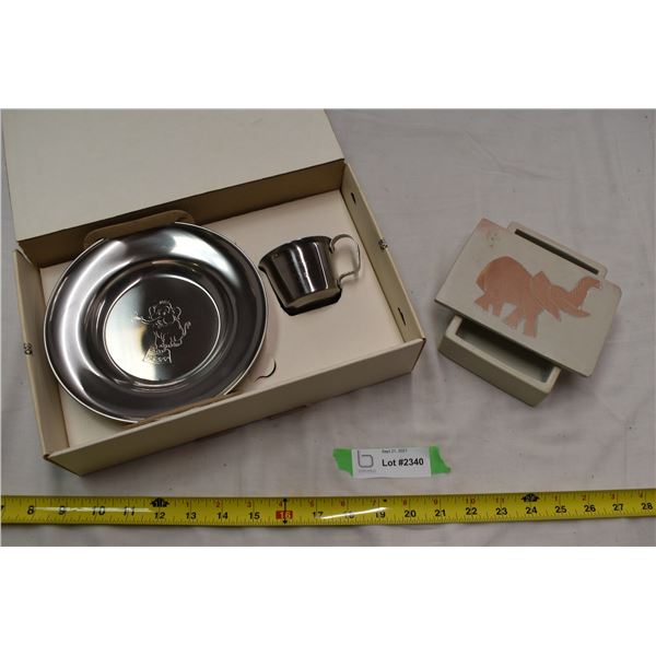 Metal elephant childrens plate and cup, stone hand carved container