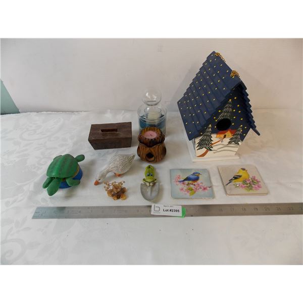Birdhouse with ceramic trinket box, candle holders, bird coasters and  various ornaments