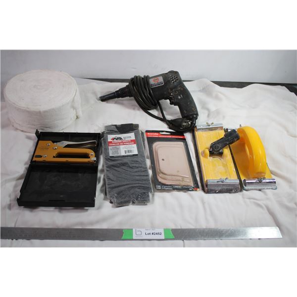 bostitch staple gun + black and decker power drill (untested) + bondo spreaders + sanding blocks