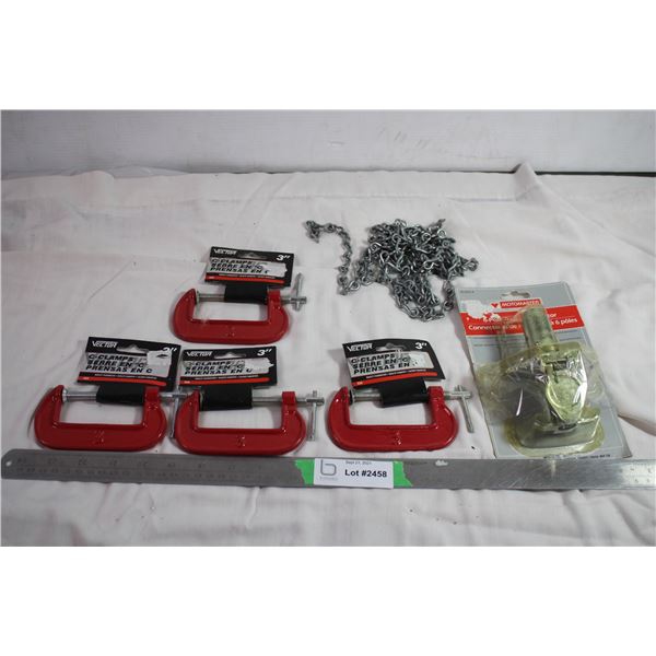 4 new C clamps 3" + chain + 6-pole trailer connector