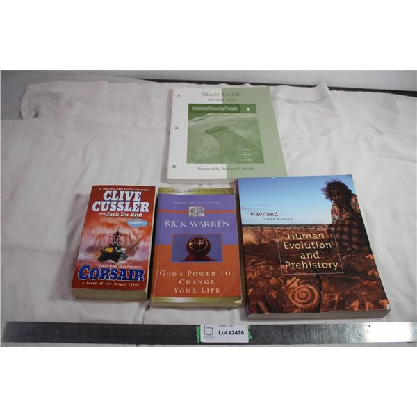 Clive Cussler Books + Gods power to change your life + human evolution and prehistory + fundamental 