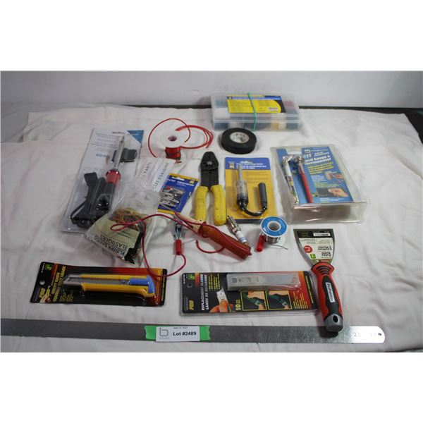 Soldering Irons + heat shrink tubing + utility knife + Tire pressure gauge + wire + solder + other m