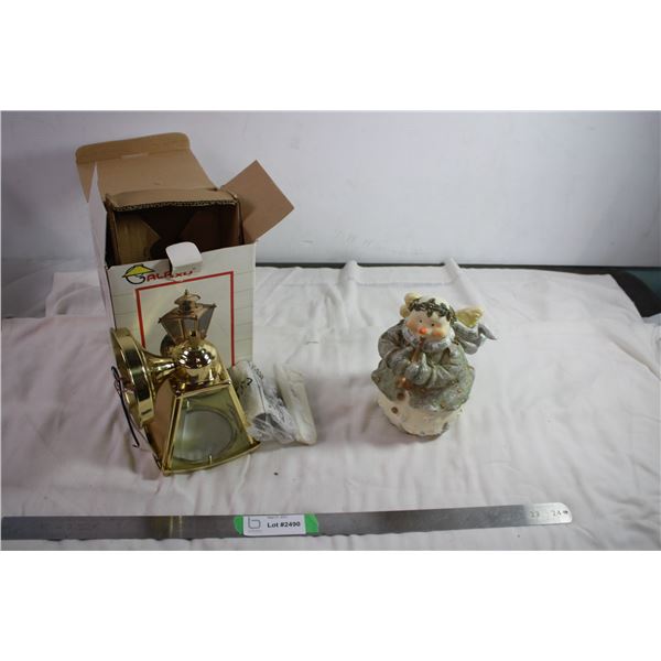 Outdoor brass light fixture + snow-man ornament