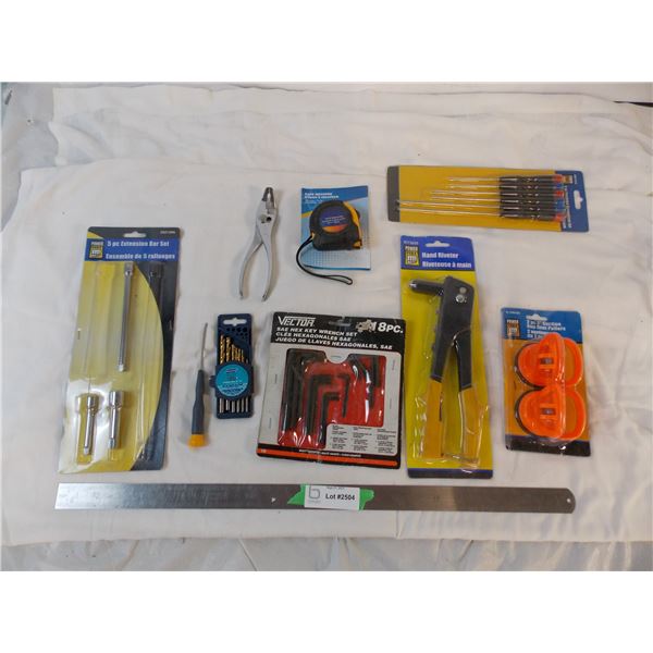 screwdriver set, riveter, 2pc suction + hex keys, drill bits, measuring tape