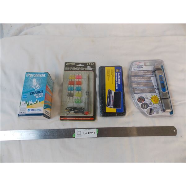 Water Purity Tester, Fuse Tester Set, Mini Flashlight, Lightbulb (all new)