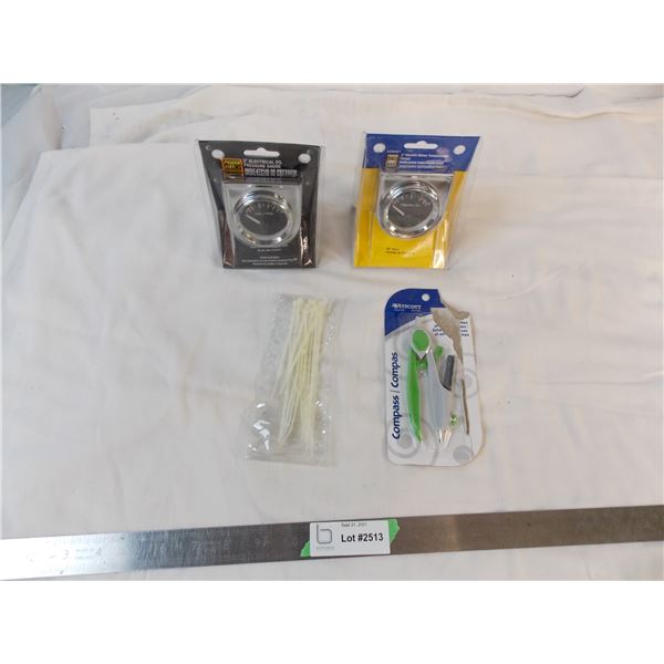 Water Temp Gauge, Electrical Oil Pressure Gaugue, Compass, tie straps