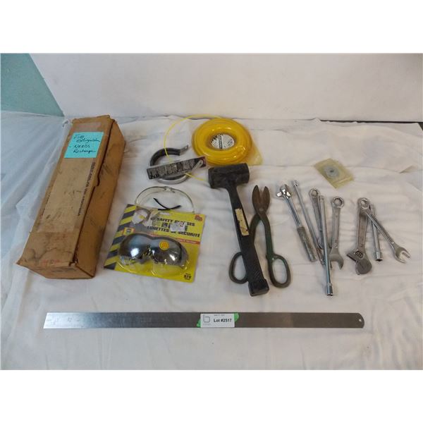 Rubber Mallet, Tin snips, wrenches, safety glasses, whipper snipper wire, depleted fire extinguisher