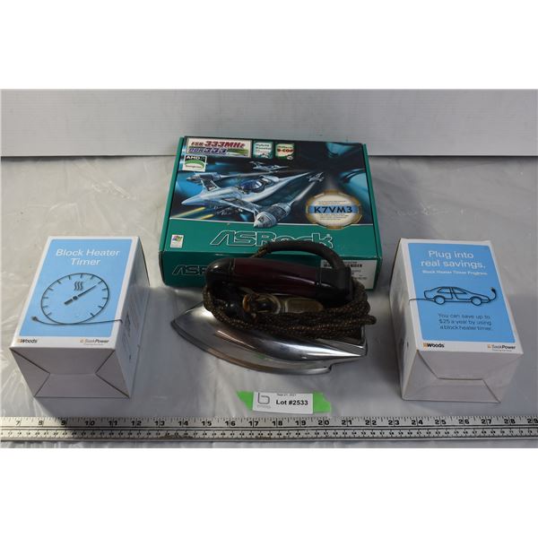 Damaged mortherboard and HDD, 2 Blockheater timers, Vintage iron