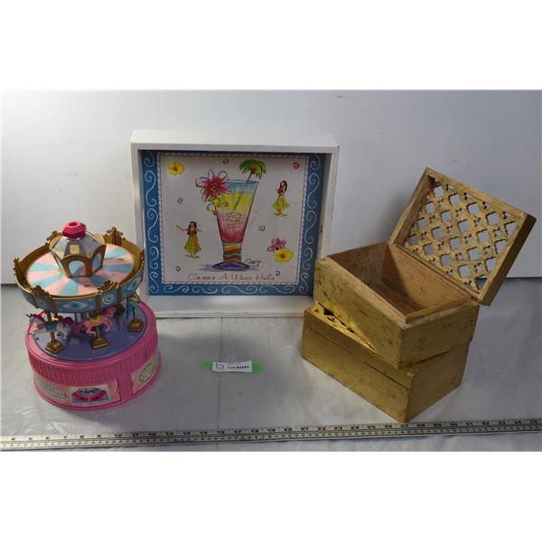 Childrens musical carousel jewellery box, 2 wooden jewellery boxes ,Hawaiin serving tray